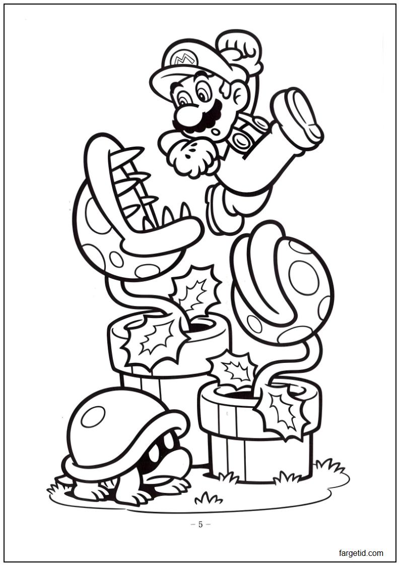 tegning av Mario med Piraja planter til fargelegging