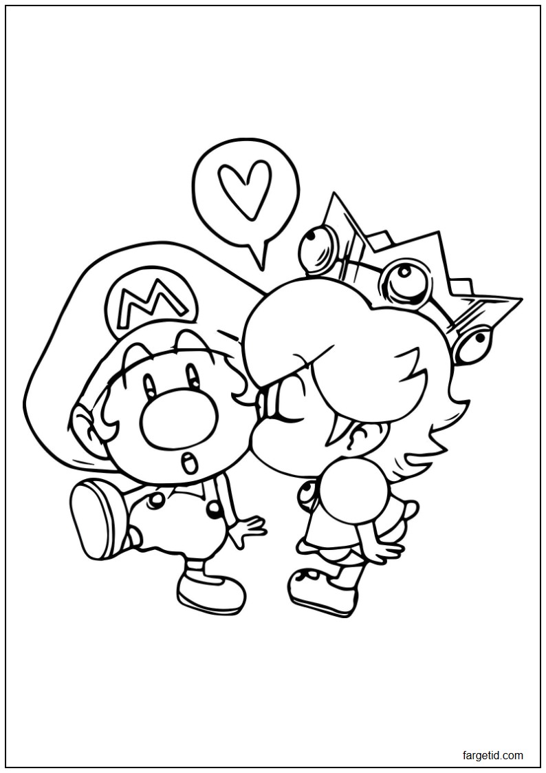 tegning av mini Mario og mini Peach til fargelegging